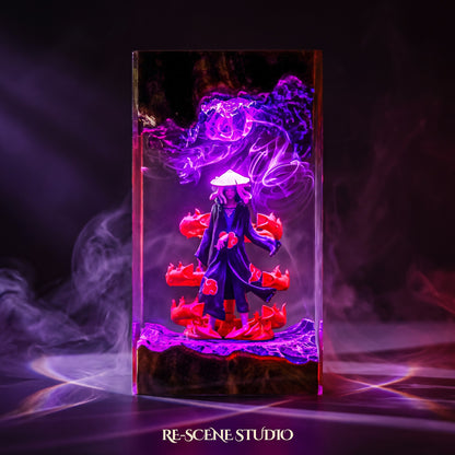 Itachi Uchiha Resin Lamp V2 lit up in the dark, Naruto resin diorama lamp for desk or shelf