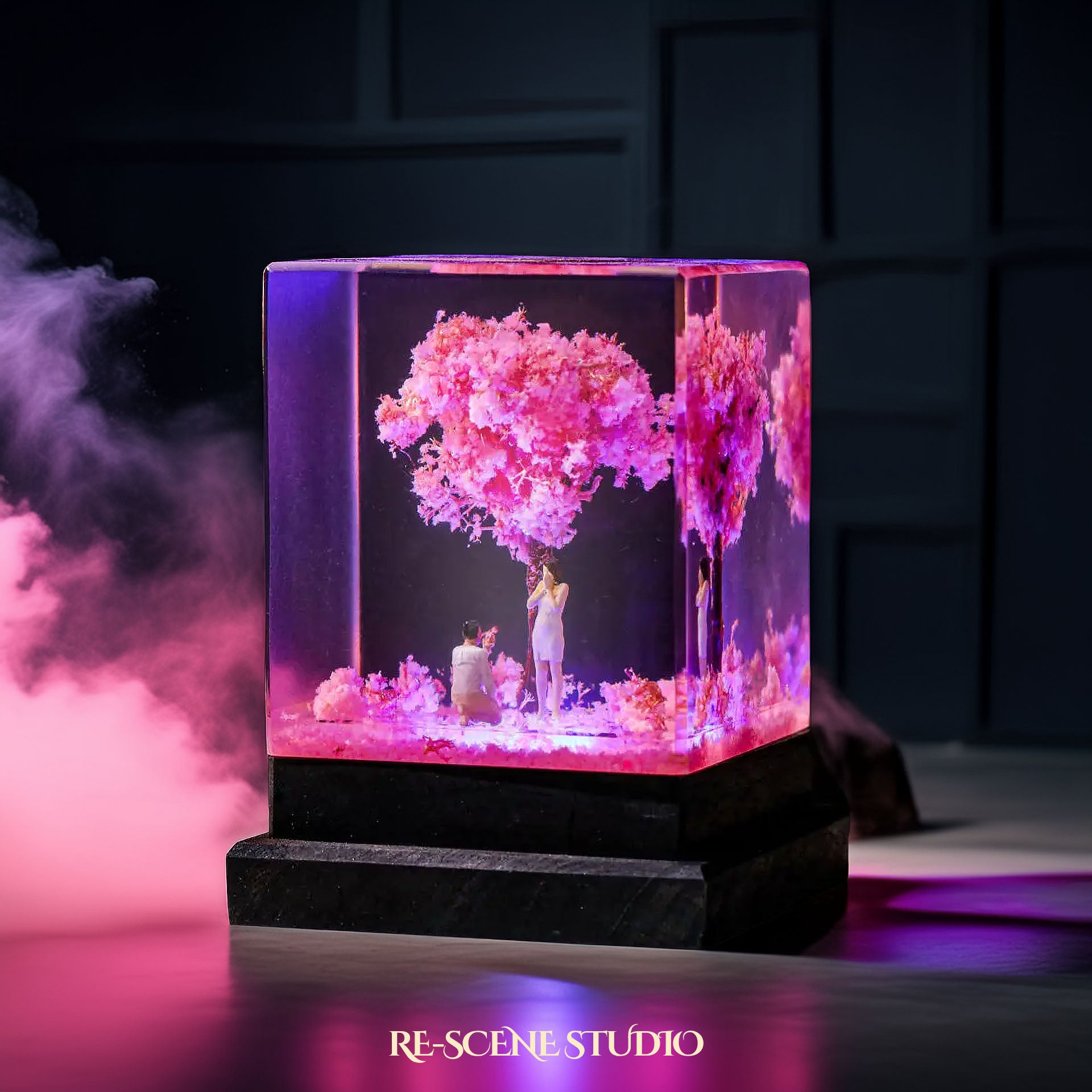 Cherry Blossom Proposal Resin Lamp Size M: 2x2x2" (5.1x5.1x5.1cm) / No Engraving – Handmade Epoxy Resin Lamp by Rescene Studio | Rescene Studio