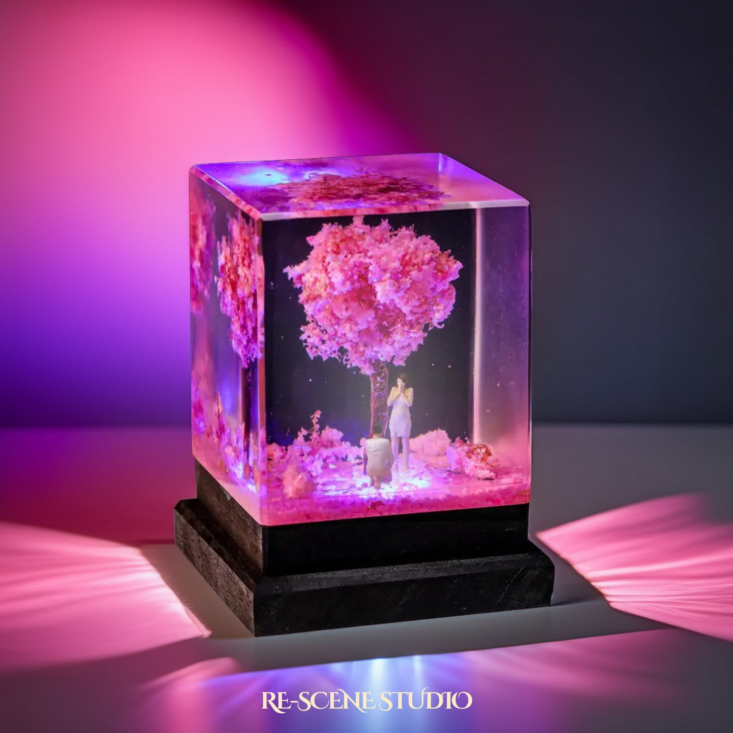 Cherry Blossom Proposal Resin Lamp Size M: 2x2x2" (5.1x5.1x5.1cm) / No Engraving – Handmade Epoxy Resin Lamp by Rescene Studio | Rescene Studio