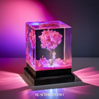 Cherry Blossom Proposal Resin Lamp Size M: 2x2x2" (5.1x5.1x5.1cm) / No Engraving – Handmade Epoxy Resin Lamp by Rescene Studio | Rescene Studio