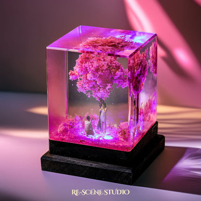 Cherry Blossom Proposal Resin Lamp Size M: 2x2x2" (5.1x5.1x5.1cm) / No Engraving – Handmade Epoxy Resin Lamp by Rescene Studio | Rescene Studio