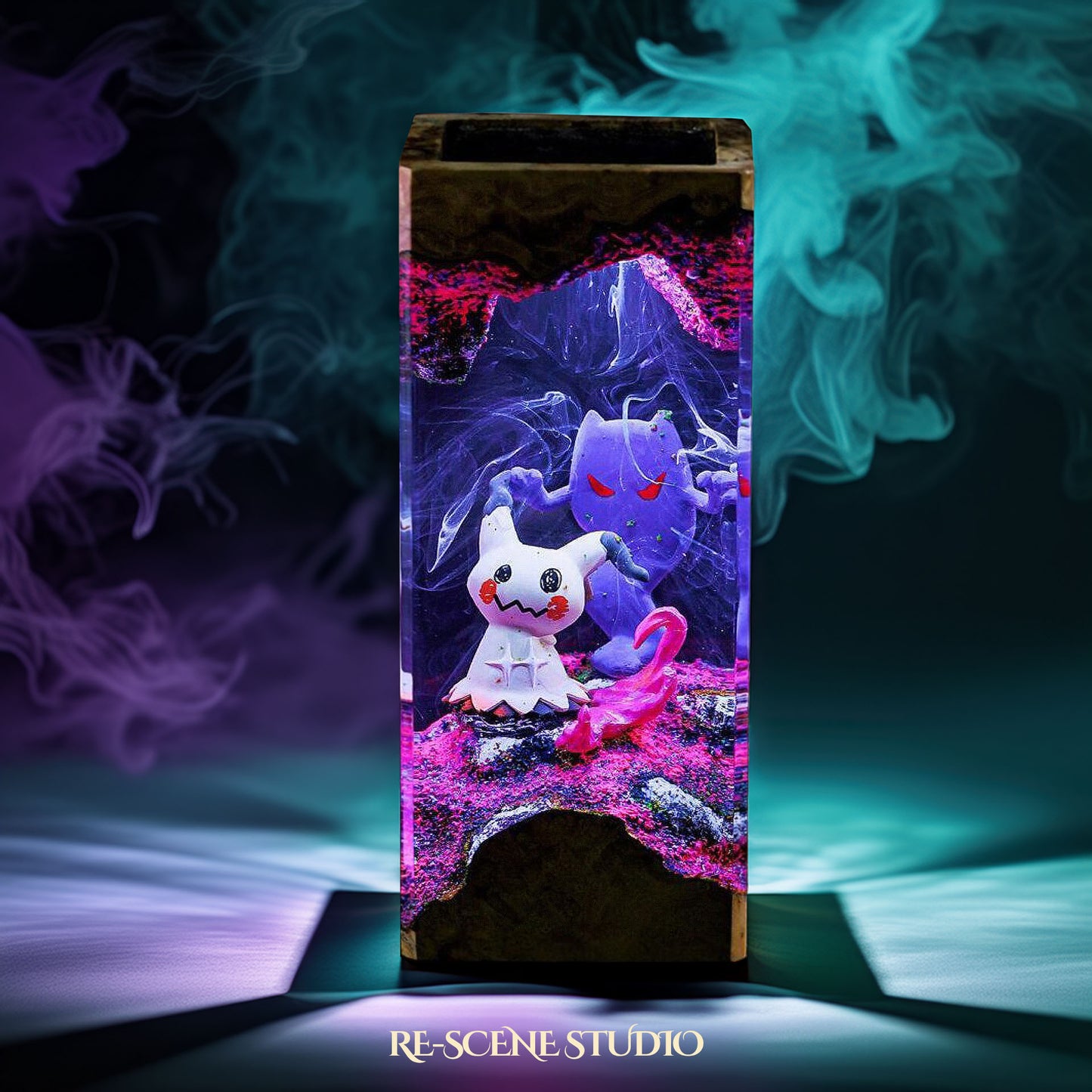 Mimikyu & Gengar Shadow Realm Resin Epoxy Lamp Multicolor / Size XL: 8.5 x 8.5 x 16 (cm) – Handmade Resin Lamp by Rescene Studio | Rescene Studio