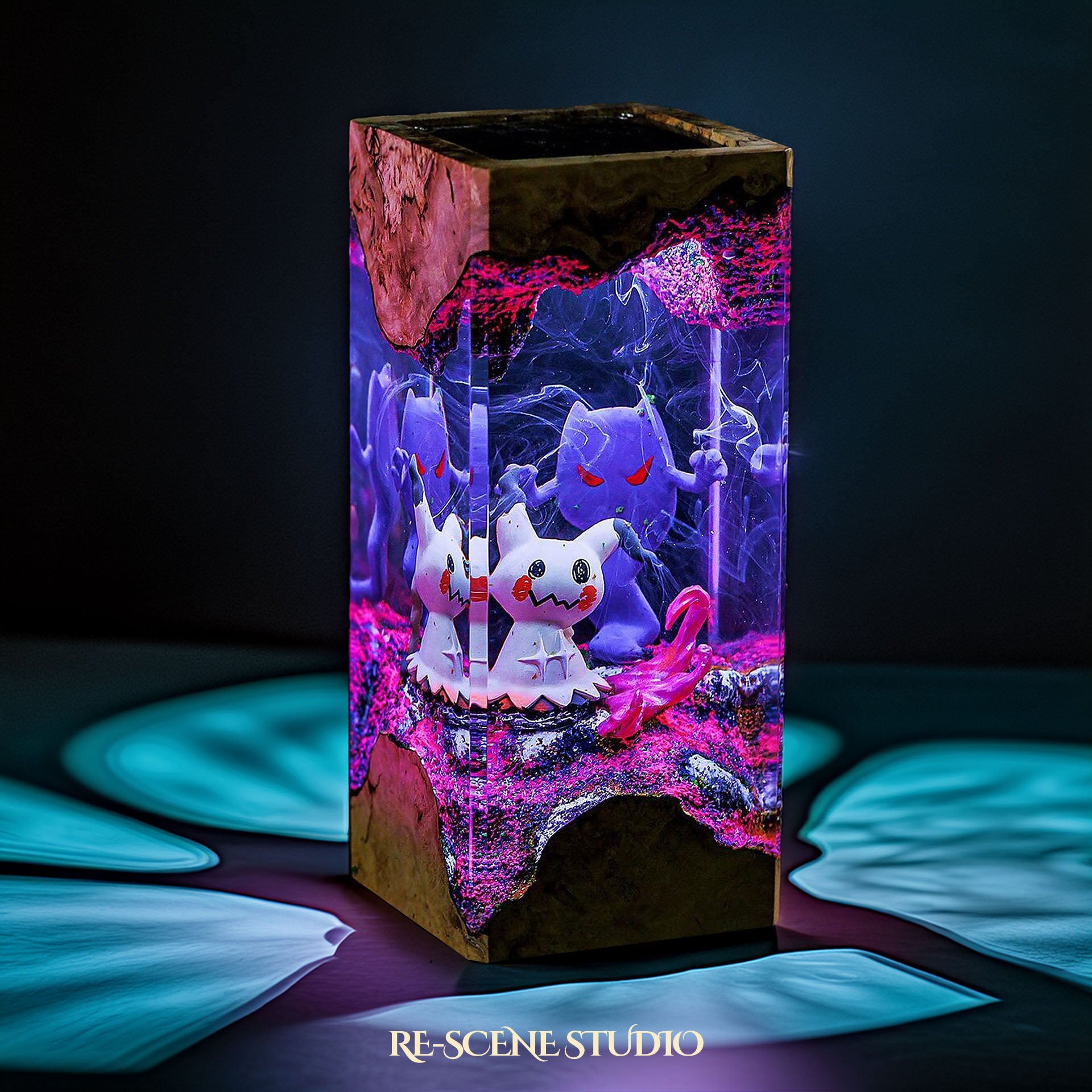 Mimikyu & Gengar Shadow Realm Resin Epoxy Lamp Multicolor / Size XL: 8.5 x 8.5 x 16 (cm) – Handmade Epoxy Resin Lamp by Rescene Studio | Rescene Studio