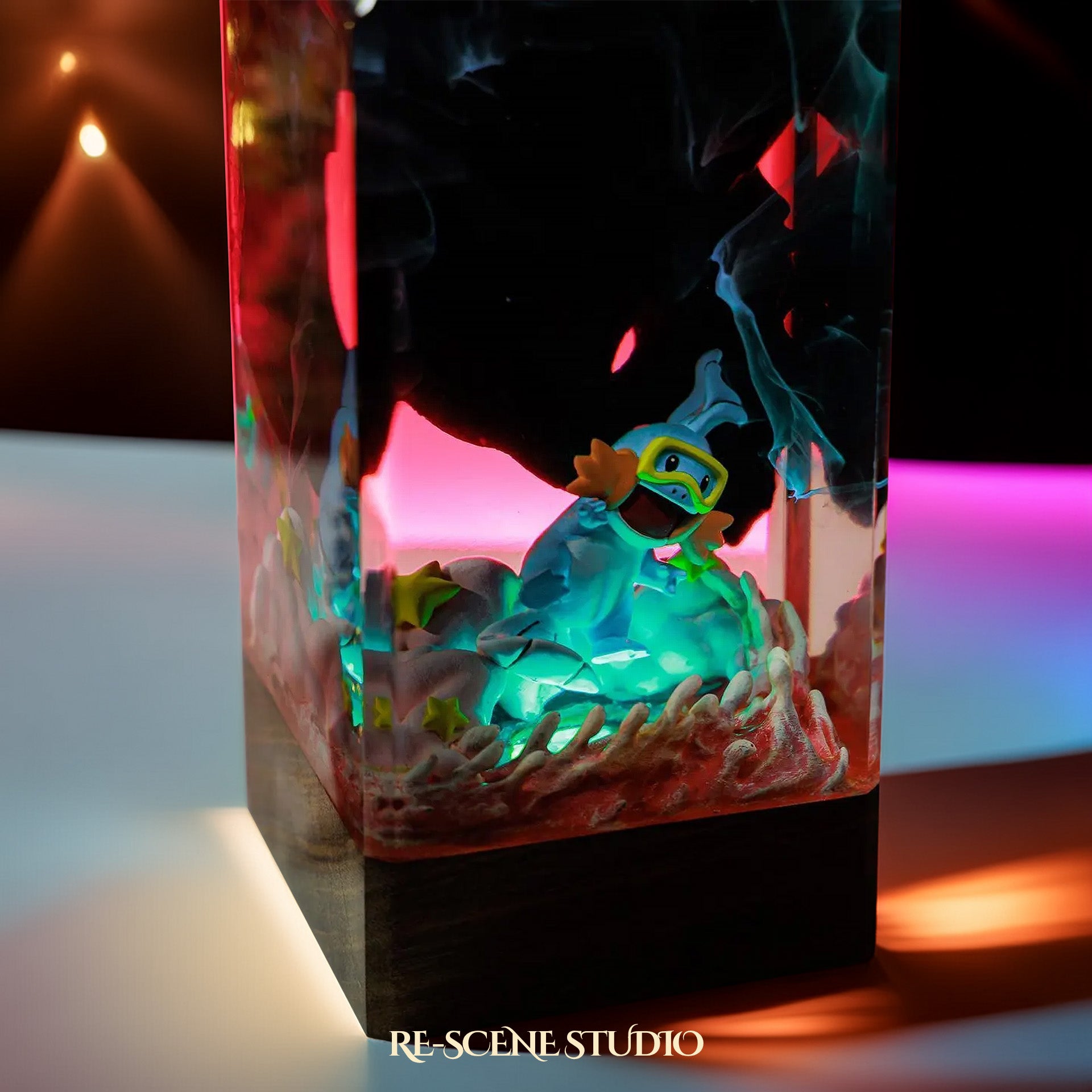 Mudkip Ember Surge Resin Epoxy Lamp Multicolor / Size XL: 8.5 x 8.5 x 16 (cm) – Handmade Epoxy Resin Lamp by Rescene Studio | Rescene Studio