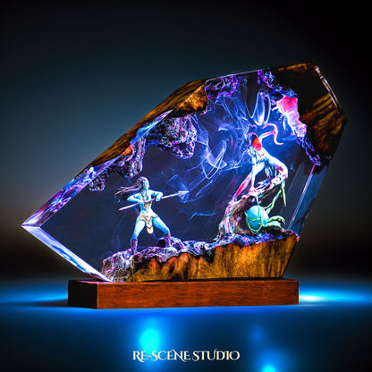 Blue Native Warrior & Hero Resin Lamp — Closeup Detail | Original Epoxy Resin Sculpture with Built-in LED Glow