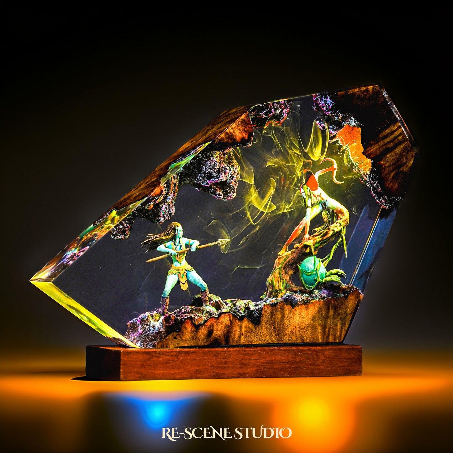 Blue Native Warrior & Hero Resin Lamp — Display Setup | Artisan Resin Art Lamp, Ambient Light for Home or Office