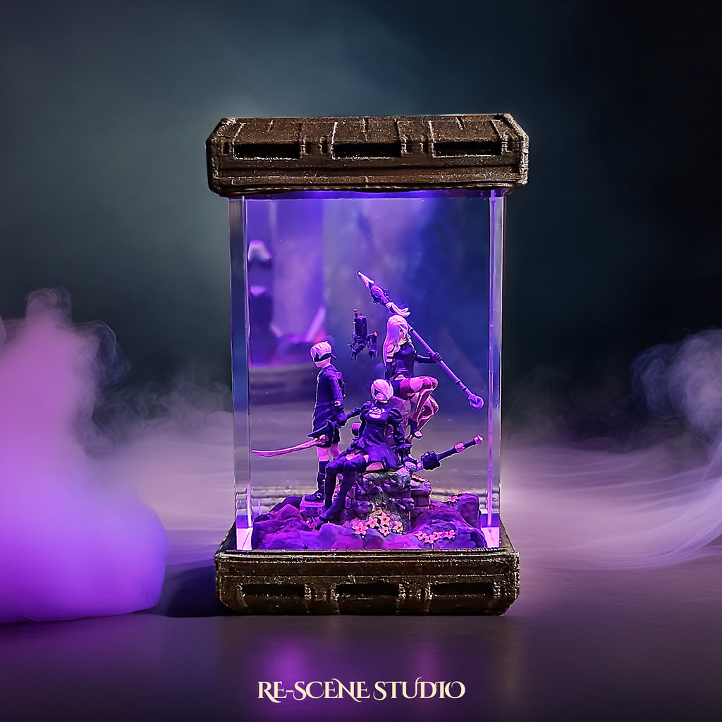 NieR Automata Diorama Resin Lamp – 2B, 9S & A2 Multicolor / Size M – Handmade Epoxy Resin Lamp by Rescene Studio | Rescene Studio