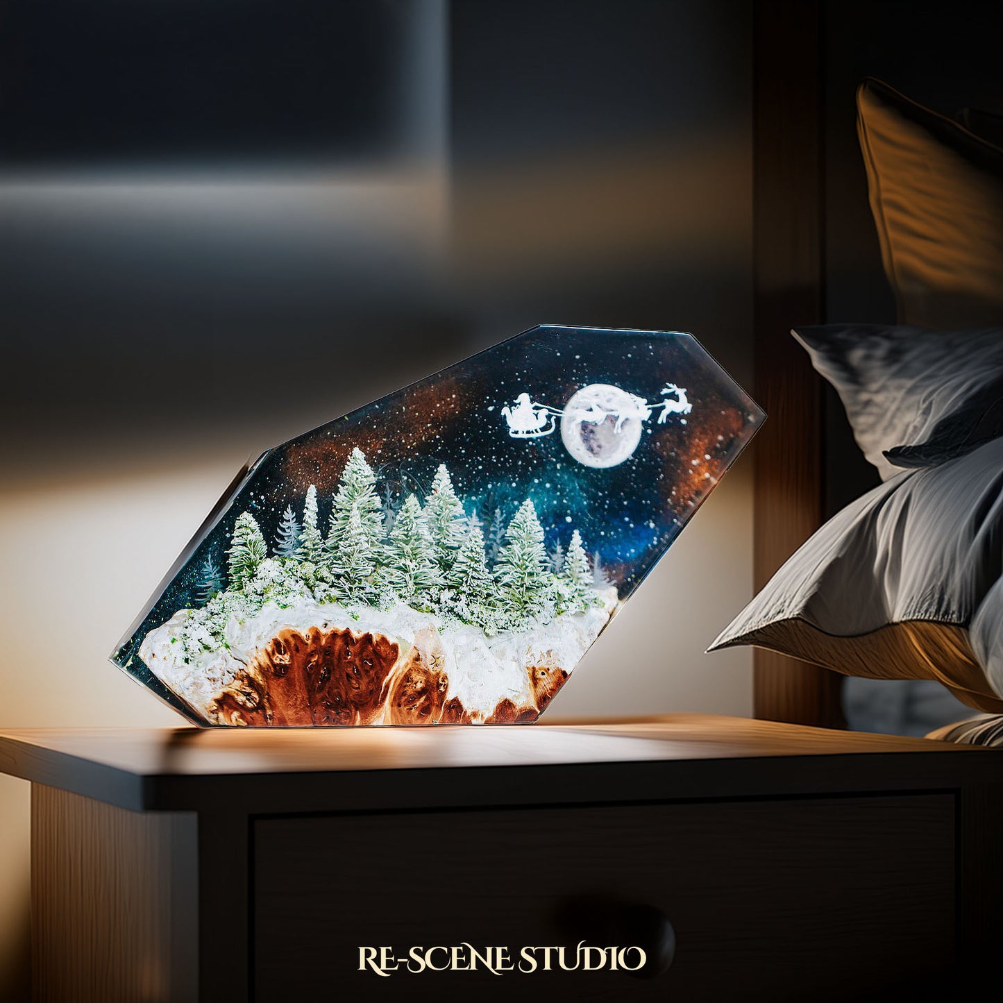 Santa Sleigh Night Ride Resin Epoxy Lamp Multicolor / Size M: 16 x 10 (cm) – Handmade Resin Lamp by Rescene Studio | Rescene Studio