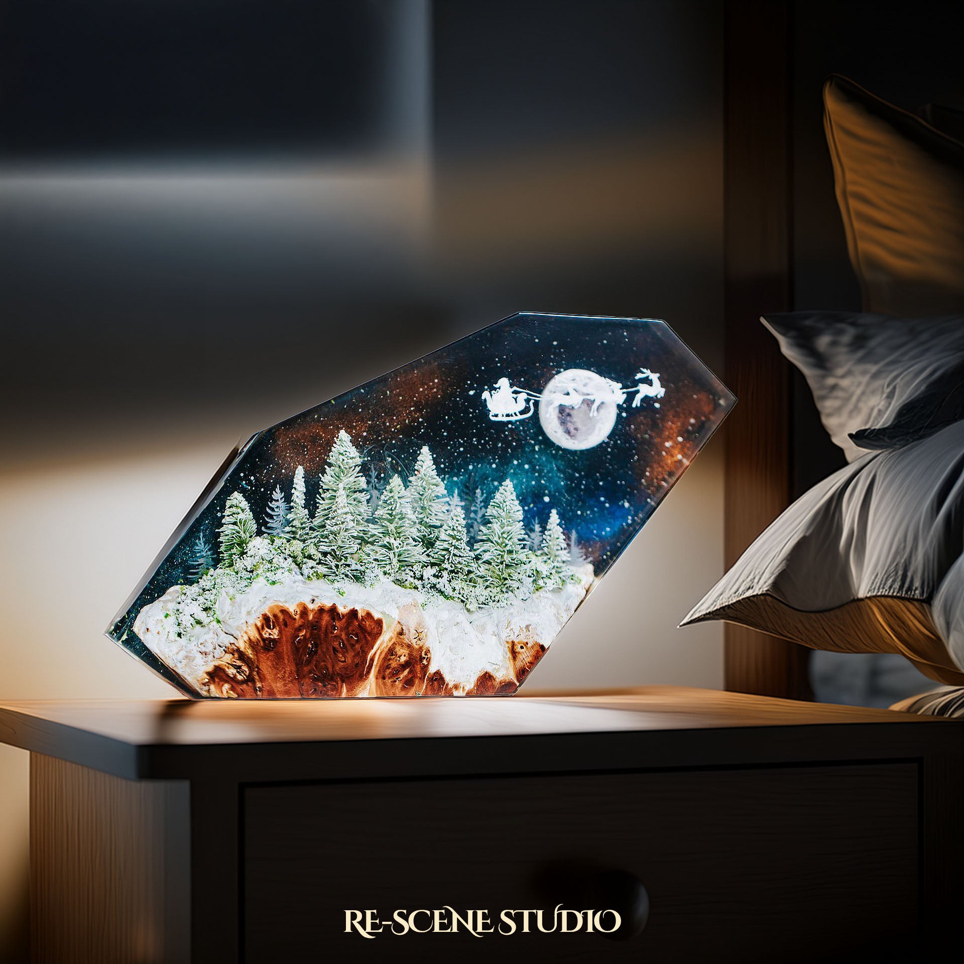 Santa Sleigh Night Ride Resin Epoxy Lamp Multicolor / Size M: 16 x 10 (cm) – Handmade Epoxy Resin Lamp by Rescene Studio | Rescene Studio