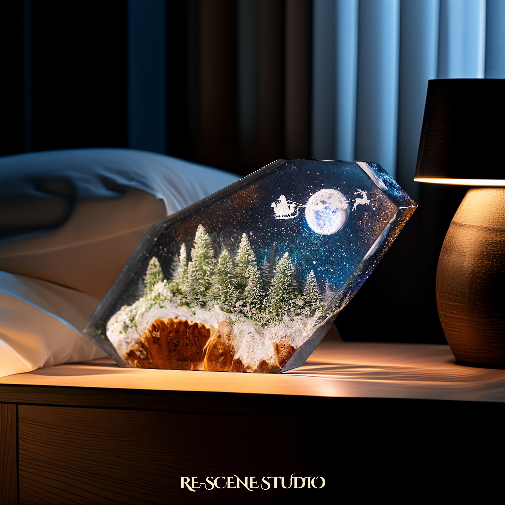 Santa Sleigh Night Ride Resin Epoxy Lamp Multicolor / Size M: 16 x 10 (cm) – Handmade Epoxy Resin Lamp by Rescene Studio | Rescene Studio