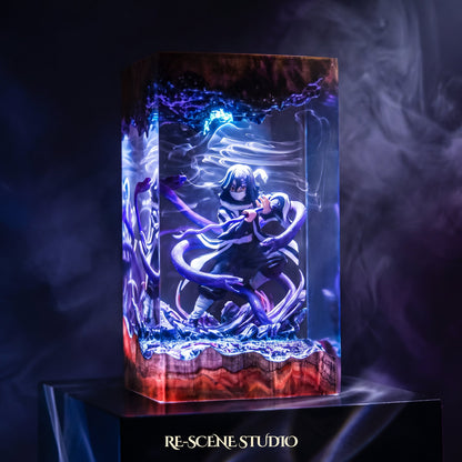 Obanai Resin Lamp lit up in the dark, Demon Slayer resin diorama lamp for desk or shelf