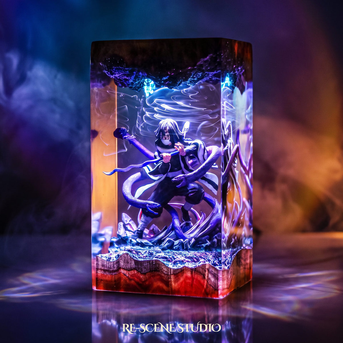 Obanai Resin Lamp in one of its RGB color modes, Demon Slayer hand-poured resin lamp