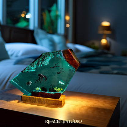 Deep Sea Octopus & Divers Resin Lamp Multicolor / Size M: 5.9" x 4.7" – Handmade Epoxy Resin Lamp by Rescene Studio | Rescene Studio