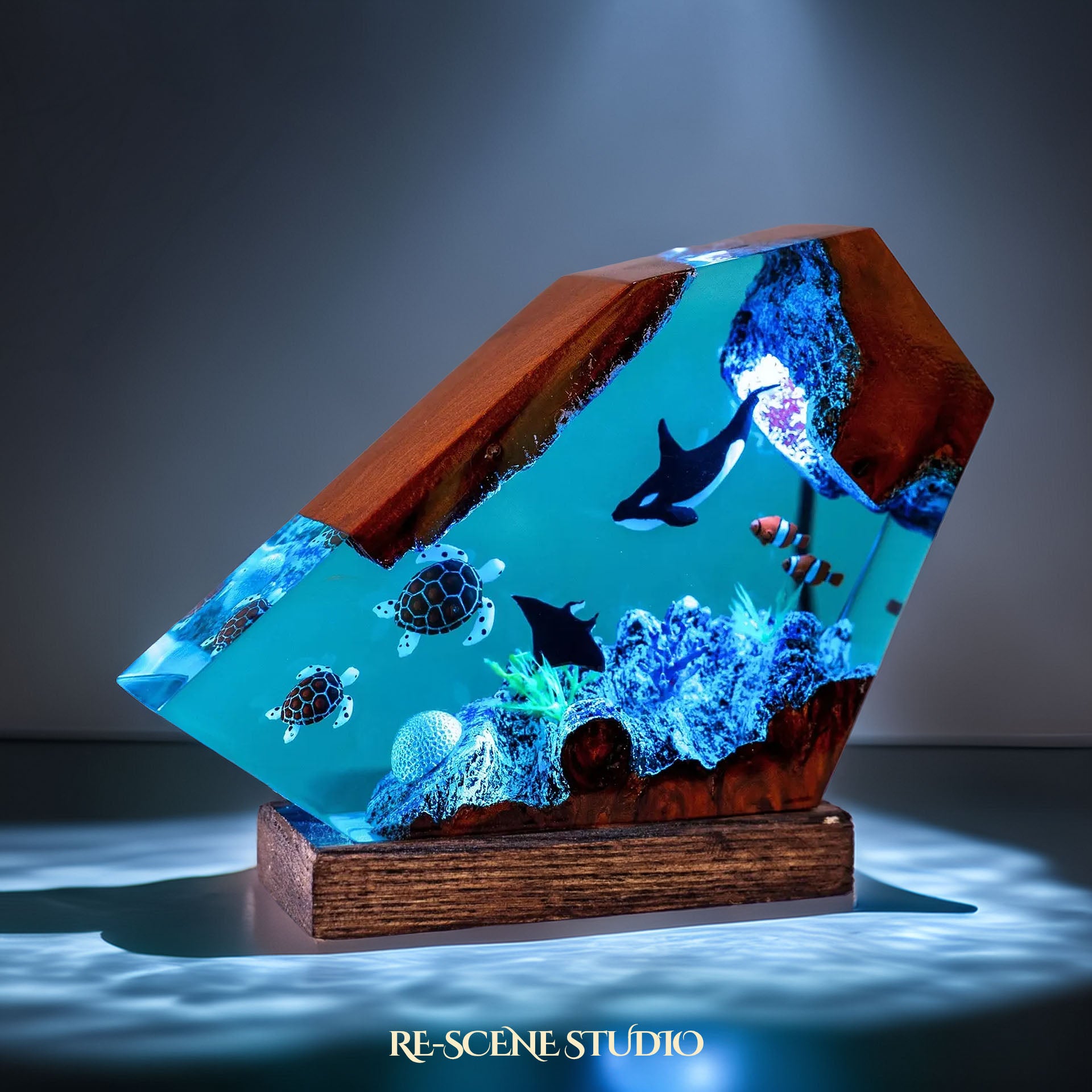 Orca & Sea Turtles Resin Lamp | Ocean Reef Diorama Night Light