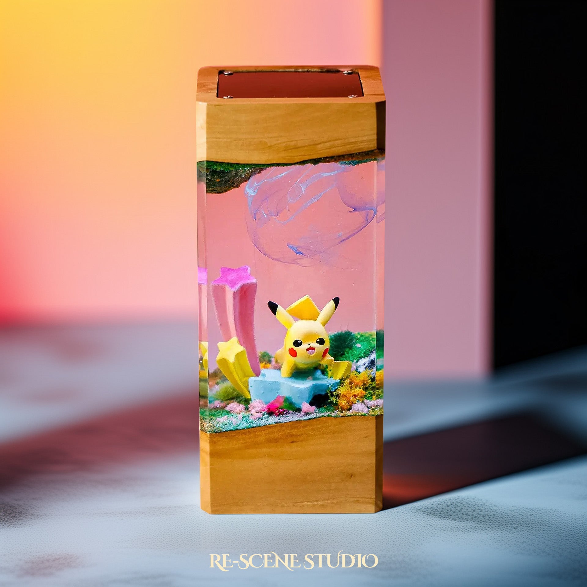 Pikachu Star Garden Resin Epoxy Lamp Multicolor / Size XL: 8.5 x 8.5 x 16 (cm) – Handmade Epoxy Resin Lamp by Rescene Studio | Rescene Studio