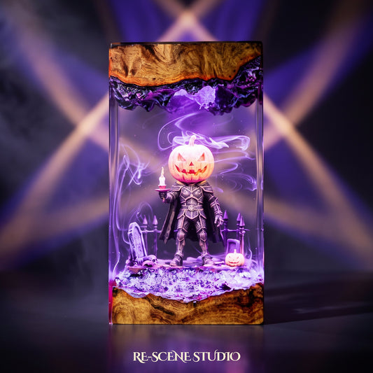 Pumpkin Head Resin Lamp (Halloween), hand-poured epoxy resin night light glowing in 16 RGB colors