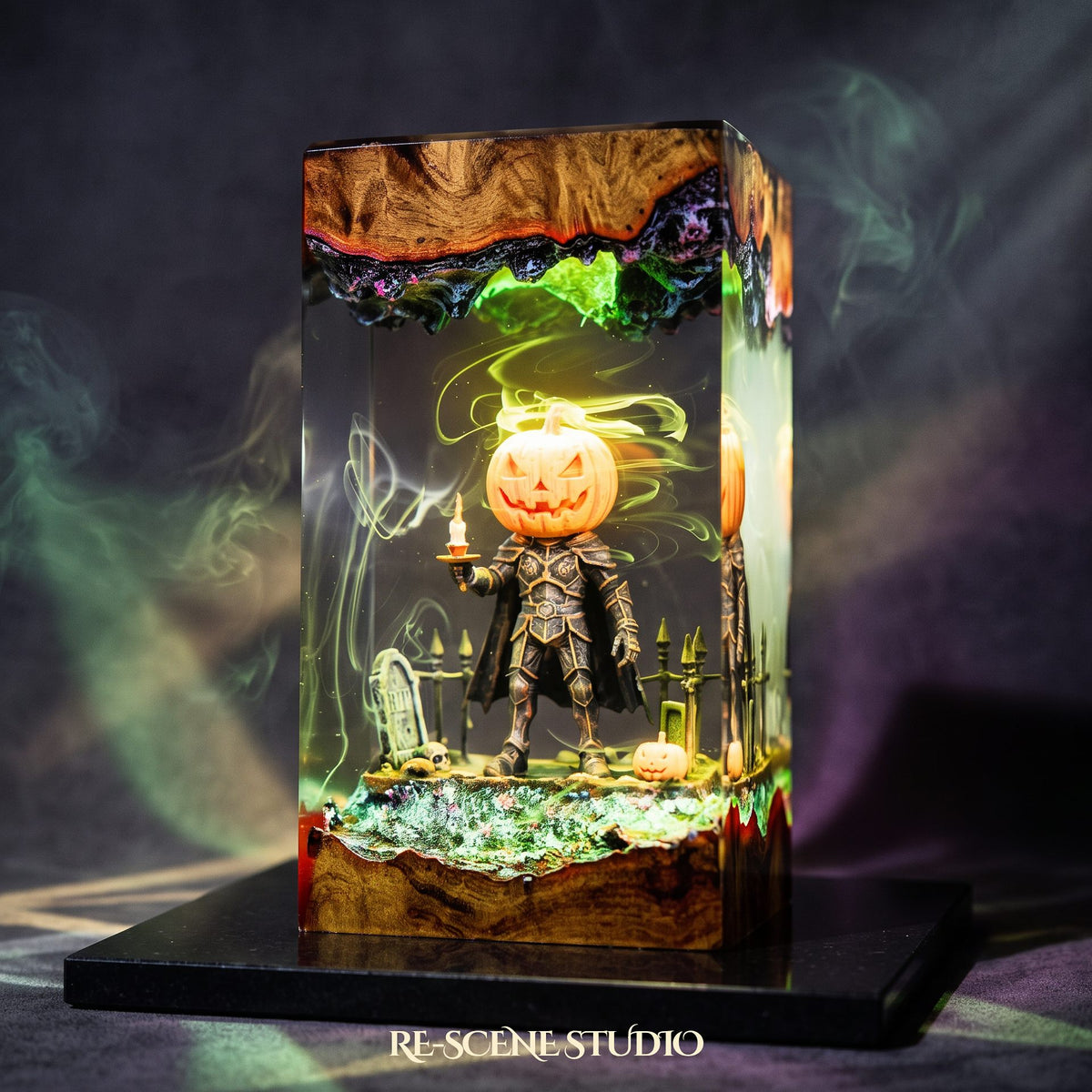 Halloween collectible: the Pumpkin Head Resin Lamp, handmade on a wooden base