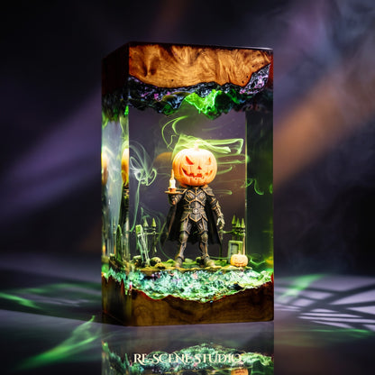 Pumpkin Head Resin Lamp lit up in the dark, Halloween resin diorama lamp for desk or shelf
