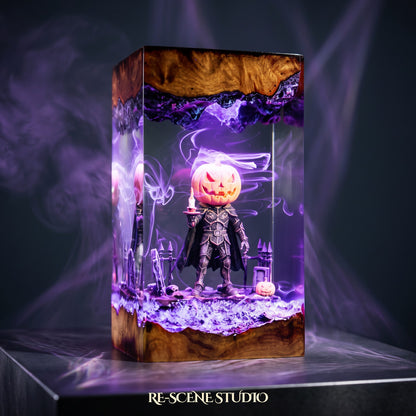 Close look at the Pumpkin Head Resin Lamp, a handcrafted Halloween epoxy resin LED lamp