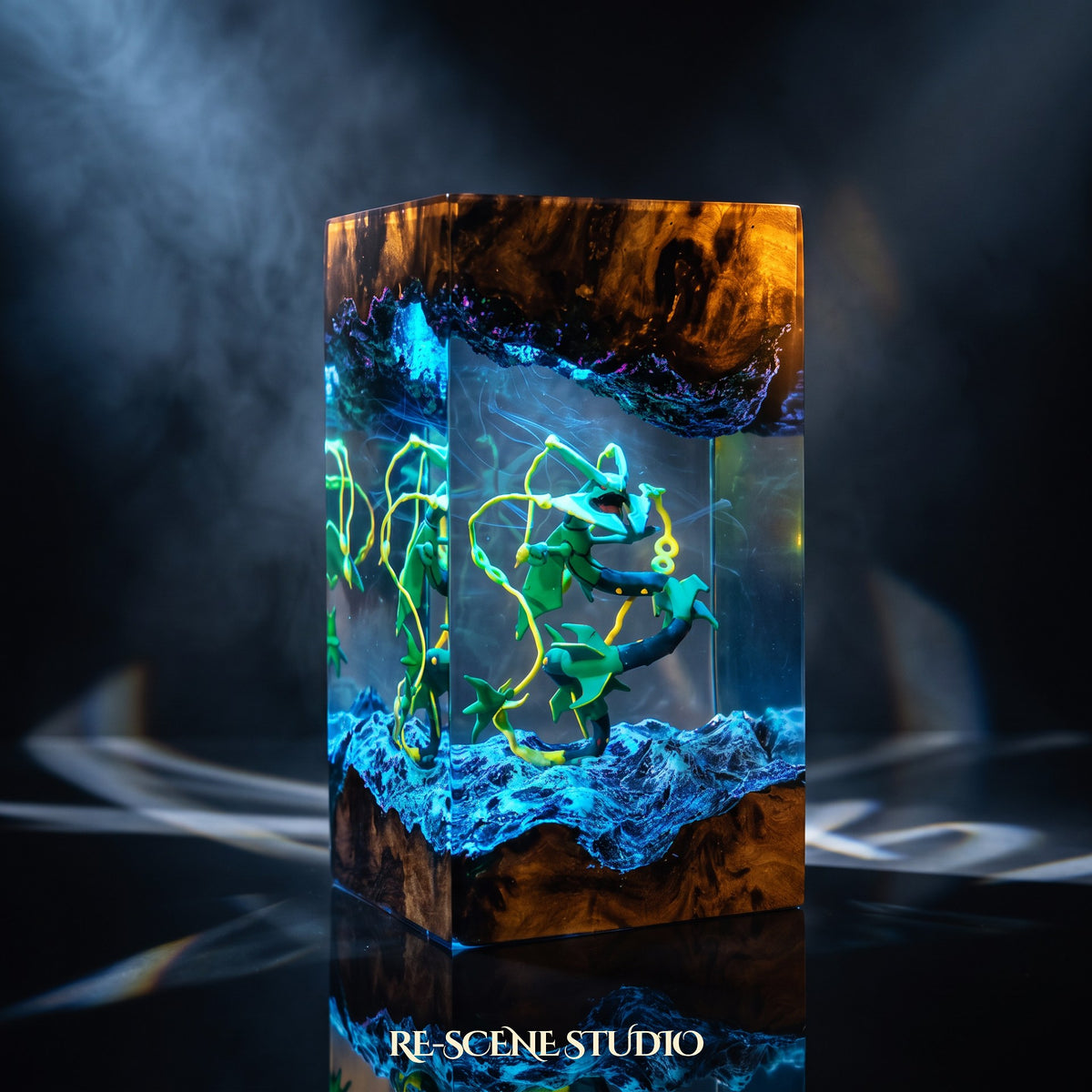 Pokemon collectible: the Rayquaza Resin Lamp, handmade on a wooden base