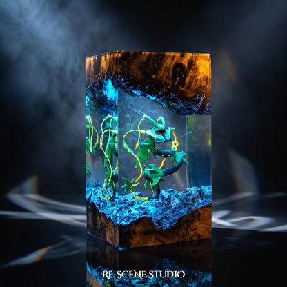 Pokemon collectible: the Rayquaza Resin Lamp, handmade on a wooden base