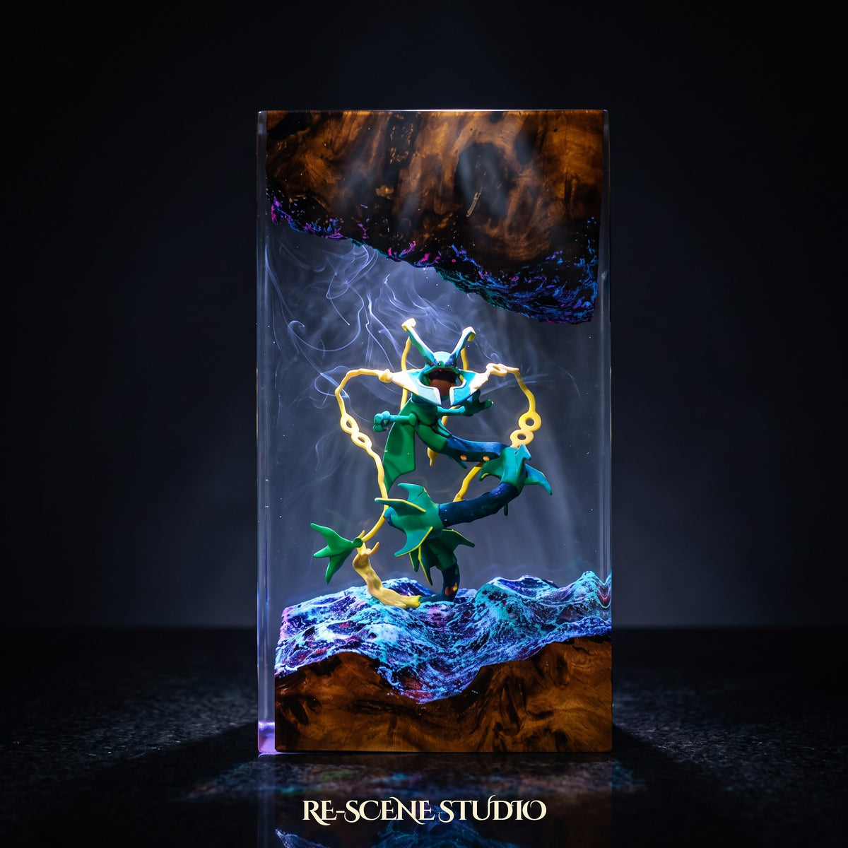 Rayquaza Resin Lamp lit up in the dark, Pokemon resin diorama lamp for desk or shelf