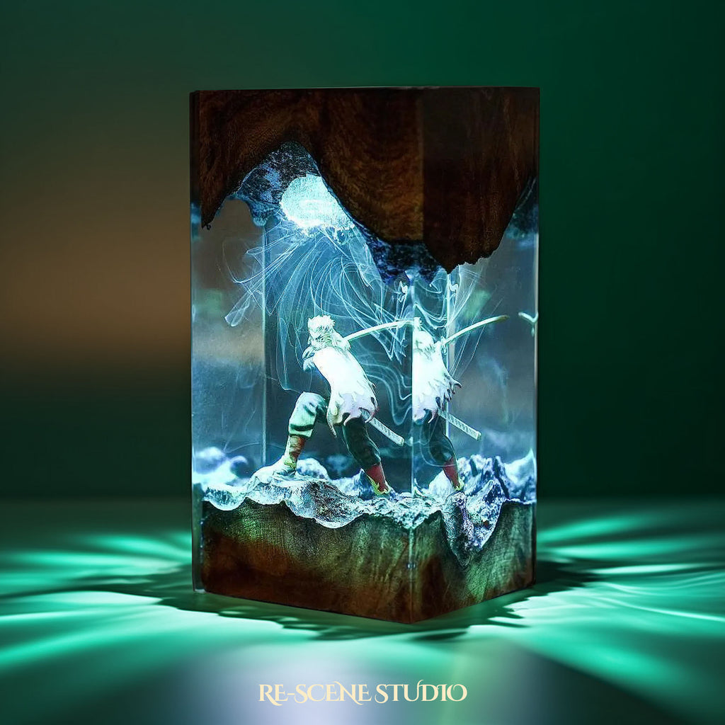 Rengoku Resin Lamp 01 - Demon Slayer Multicolor / Size M: 7 x 13 x 7 (cm) – Handmade Epoxy Resin Lamp by Rescene Studio | Rescene Studio