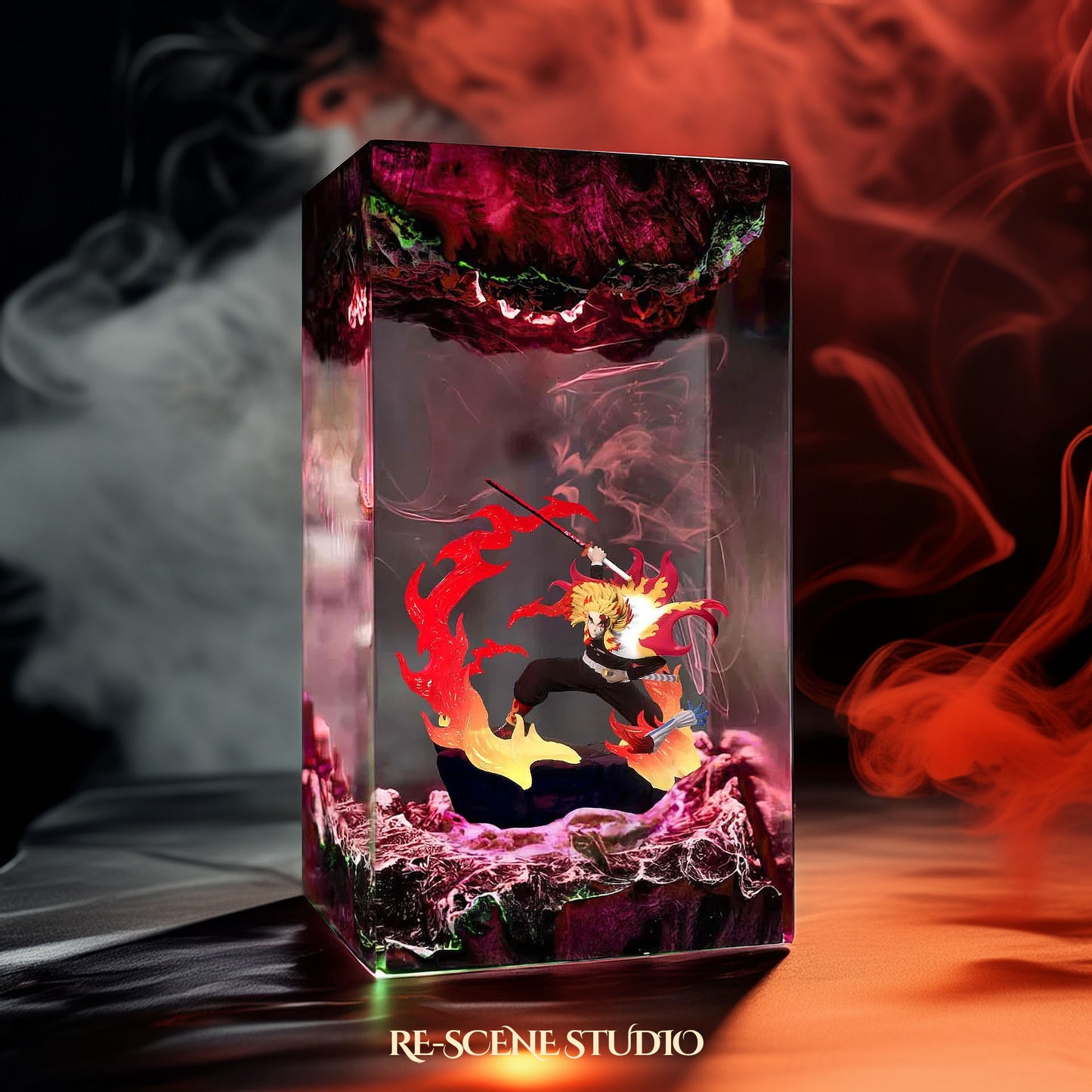 Rengoku Resin Lamp 3 – Demon Slayer Multicolor / Size M: 7 x 13 x 7 (cm) – Handmade Resin Lamp by Rescene Studio | Rescene Studio