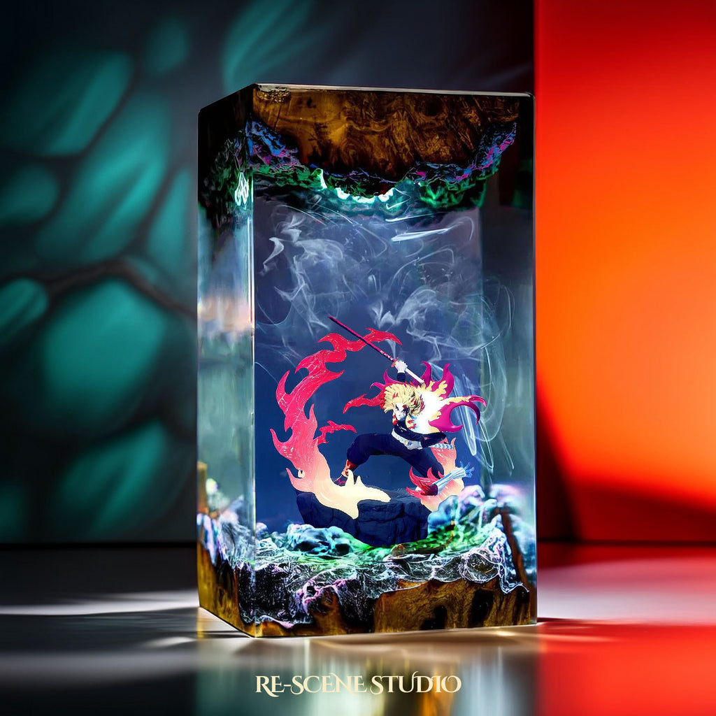 Rengoku Resin Lamp – Demon Slayer Multicolor / Size M: 7 x 13 x 7 (cm) – Handmade Epoxy Resin Lamp by Rescene Studio | Rescene Studio