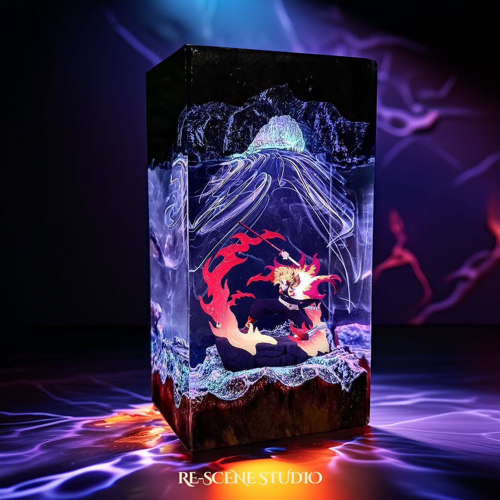 Rengoku Resin Lamp – Demon Slayer Multicolor / Size M: 7 x 13 x 7 (cm) – Handmade Epoxy Resin Lamp by Rescene Studio | Rescene Studio