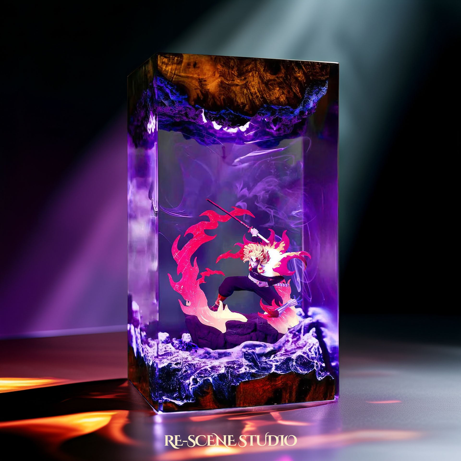 Rengoku Resin Lamp – Demon Slayer Multicolor / Size M: 7 x 13 x 7 (cm) – Handmade Epoxy Resin Lamp by Rescene Studio | Rescene Studio
