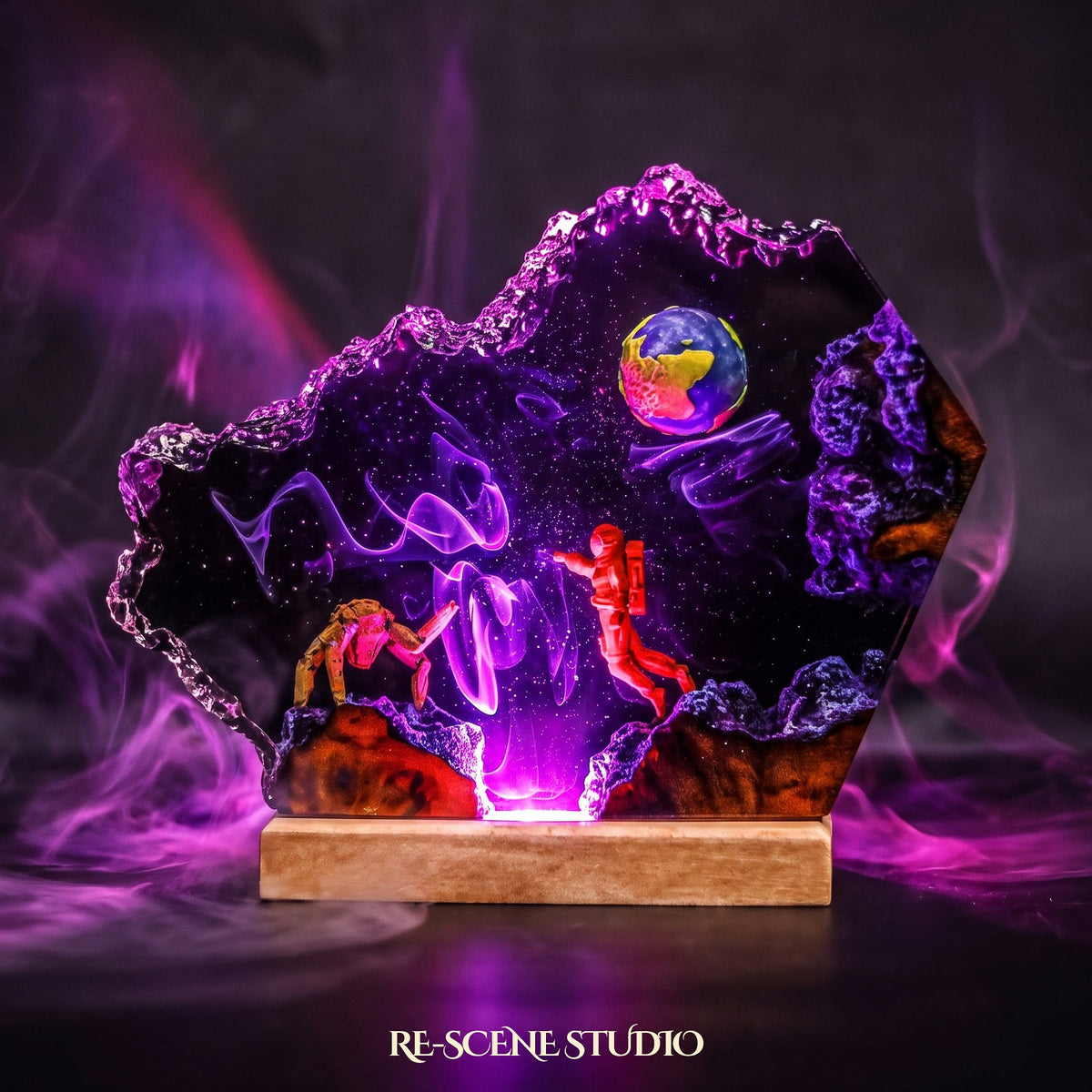 Rocky Broken Resin Lamp lit up in the dark, Project Hail Mary resin diorama lamp for desk or shelf