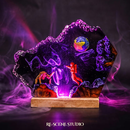 Rocky Broken Resin Lamp lit up in the dark, Project Hail Mary resin diorama lamp for desk or shelf
