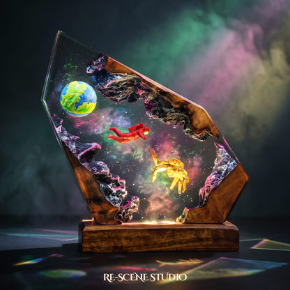 Rocky Cosmic Rock Resin Lamp lit up in the dark, Project Hail Mary resin diorama lamp for desk or shelf