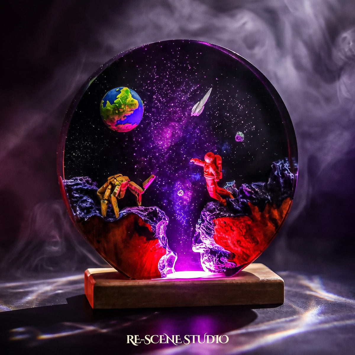 Rocky Round Resin Lamp lit up in the dark, Project Hail Mary resin diorama lamp for desk or shelf