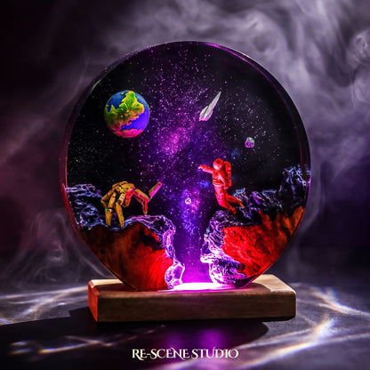 Rocky Round Resin Lamp lit up in the dark, Project Hail Mary resin diorama lamp for desk or shelf