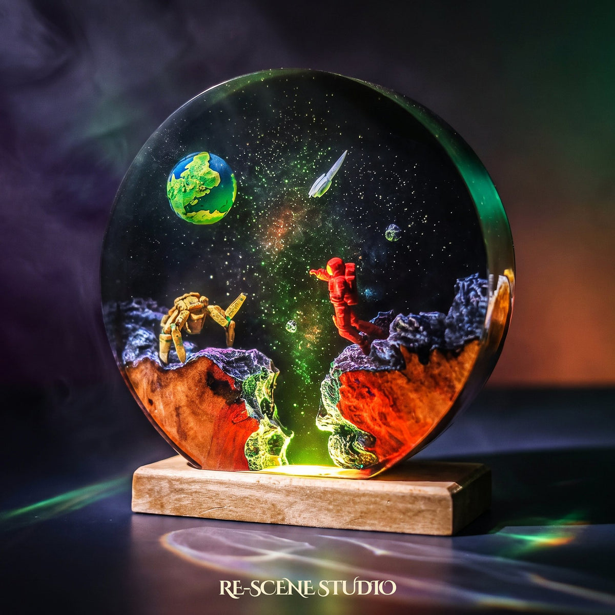 Close look at the Rocky Round Resin Lamp, a handcrafted Project Hail Mary epoxy resin LED lamp