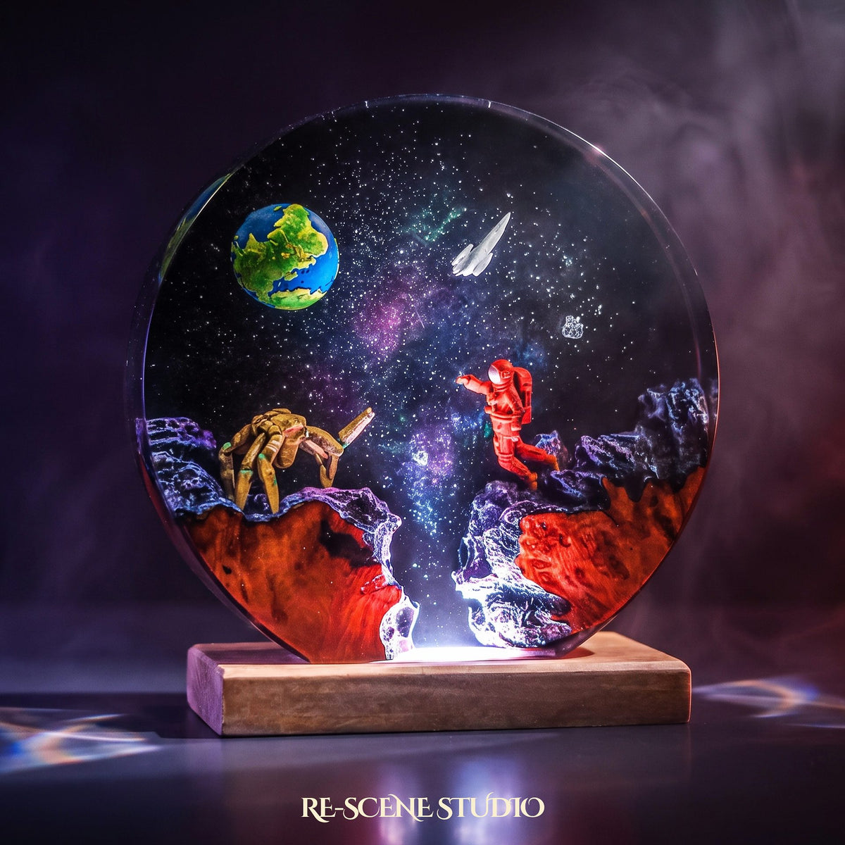 Rocky Round Resin Lamp from another angle, handmade Project Hail Mary LED resin lamp