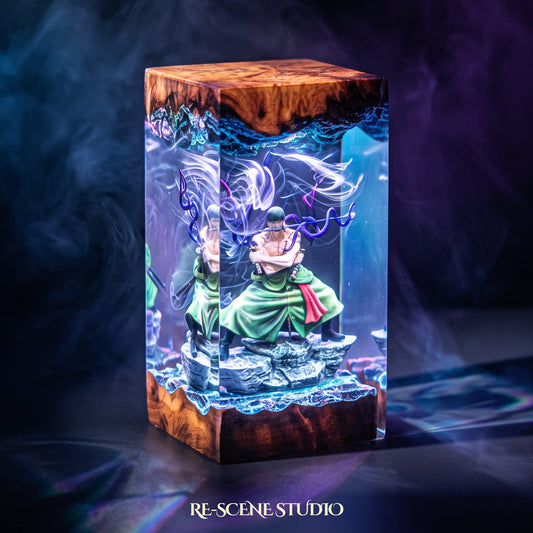 Roronoa Zoro Resin Lamp V6 (One Piece), hand-poured epoxy resin night light glowing in 16 RGB colors