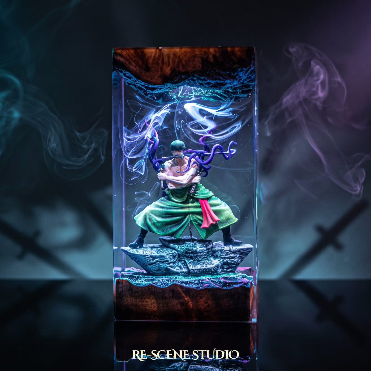 One Piece collectible: the Roronoa Zoro Resin Lamp V6, handmade on a wooden base