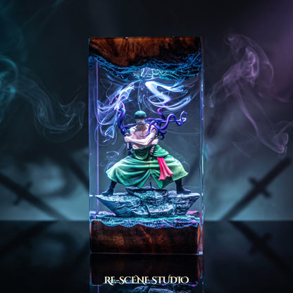 One Piece collectible: the Roronoa Zoro Resin Lamp V6, handmade on a wooden base