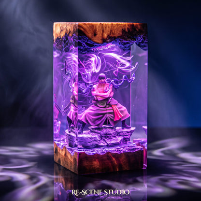 Roronoa Zoro Resin Lamp V6 lit up in the dark, One Piece resin diorama lamp for desk or shelf