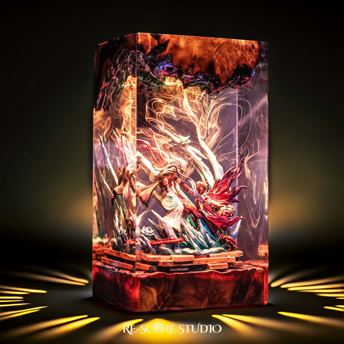 Shinobu vs Douma Resin Lamp — Closeup Detail | Original Epoxy Resin Sculpture with Built-in LED Glow