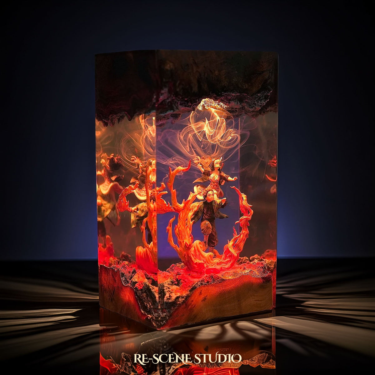 Tanjiro & Nezuko Resin Lamp V1 lit up in the dark, Demon Slayer resin diorama lamp for desk or shelf