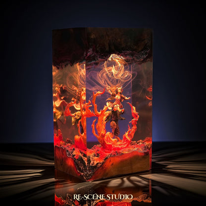 Tanjiro & Nezuko Resin Lamp V1 lit up in the dark, Demon Slayer resin diorama lamp for desk or shelf