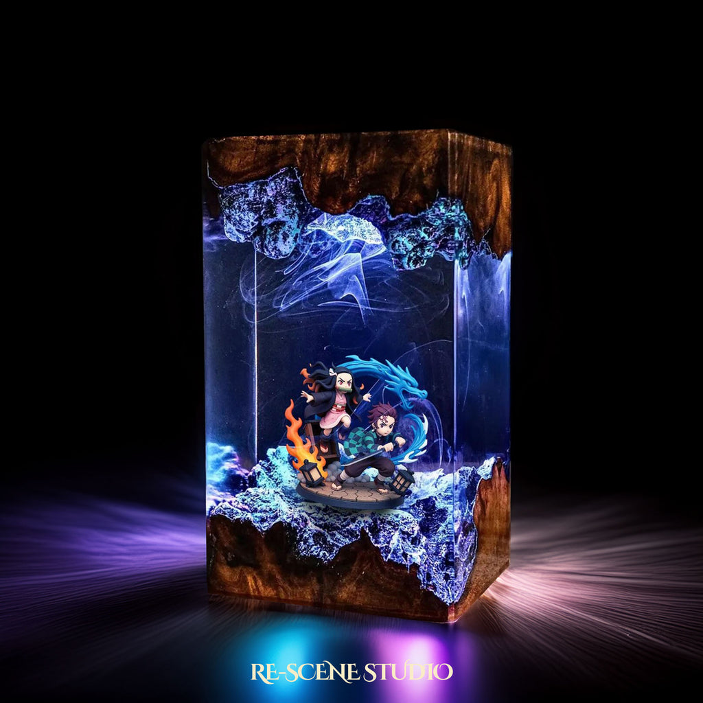 Tanjiro & Nezuko Resin Lamp 4 - Demon Slayer Multicolor / Size M – Handmade Epoxy Resin Lamp by Rescene Studio | Rescene Studio