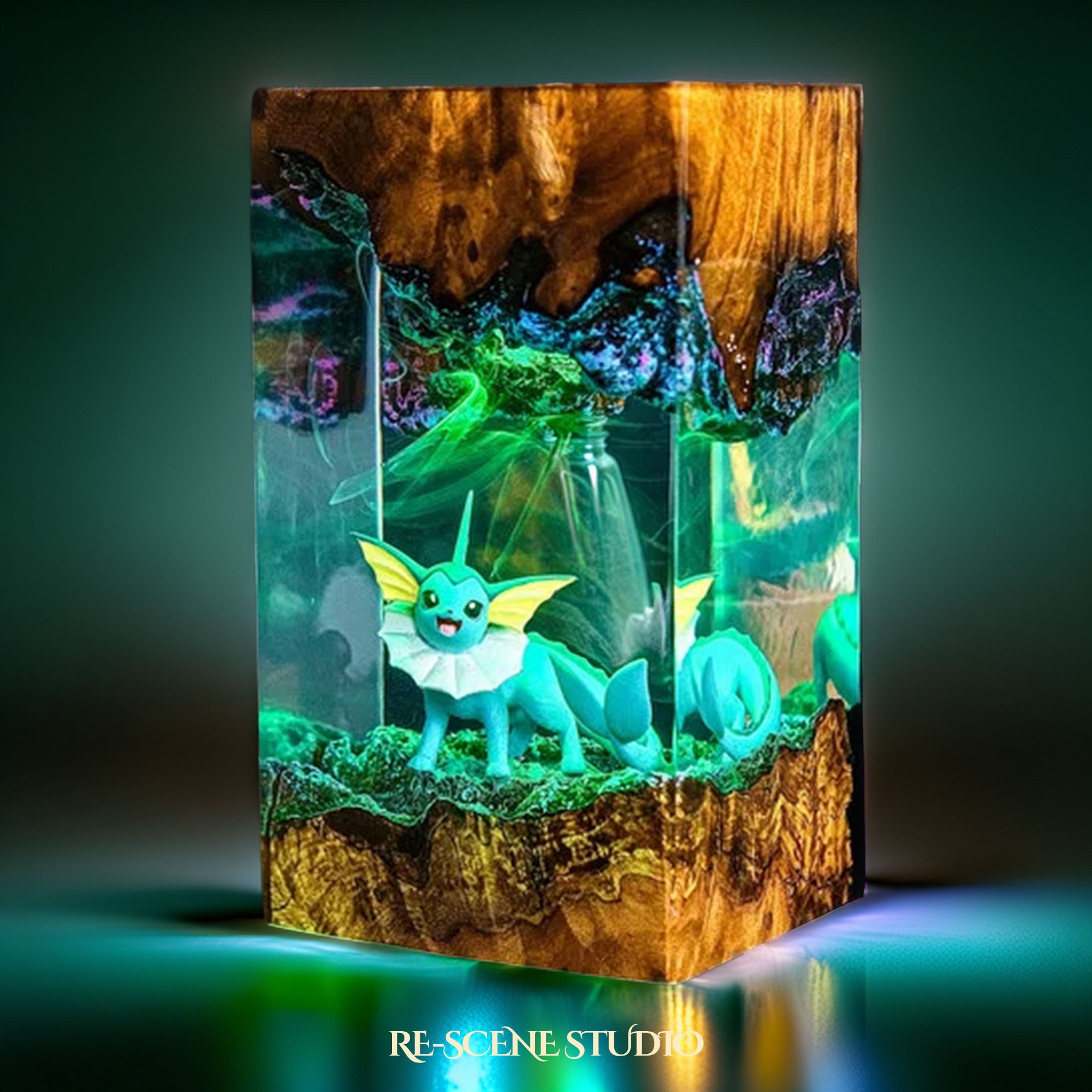 Aqua Mermaid Fox Resin Lamp — Side Profile View | Handmade Pop-Culture Resin Art, Perfect Themed Gift