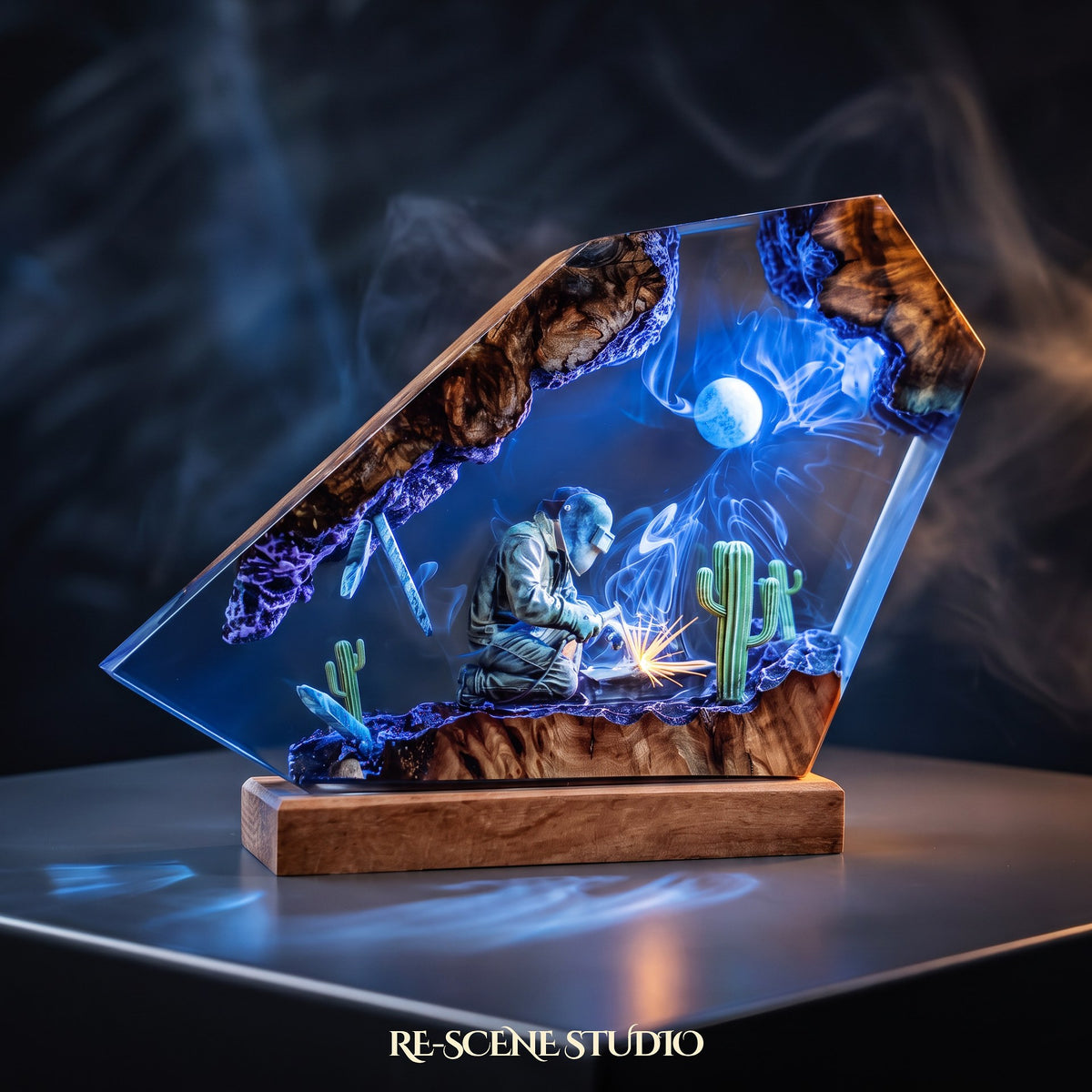 Collectible Welder Resin Lamp, handmade on a wooden base