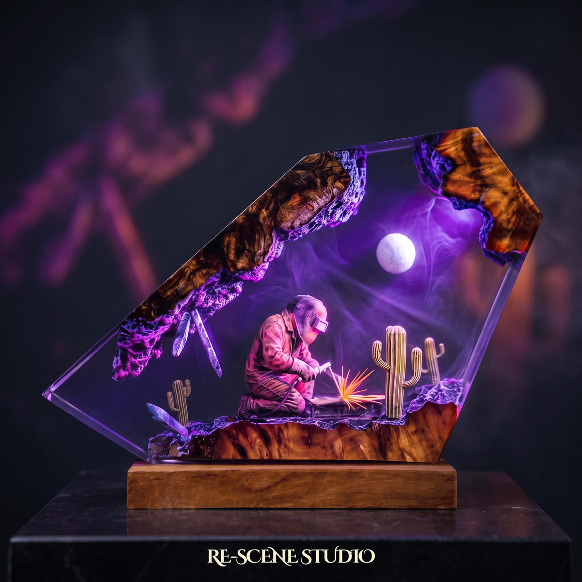 Welder Resin Lamp lit up in the dark, resin diorama lamp for desk or shelf