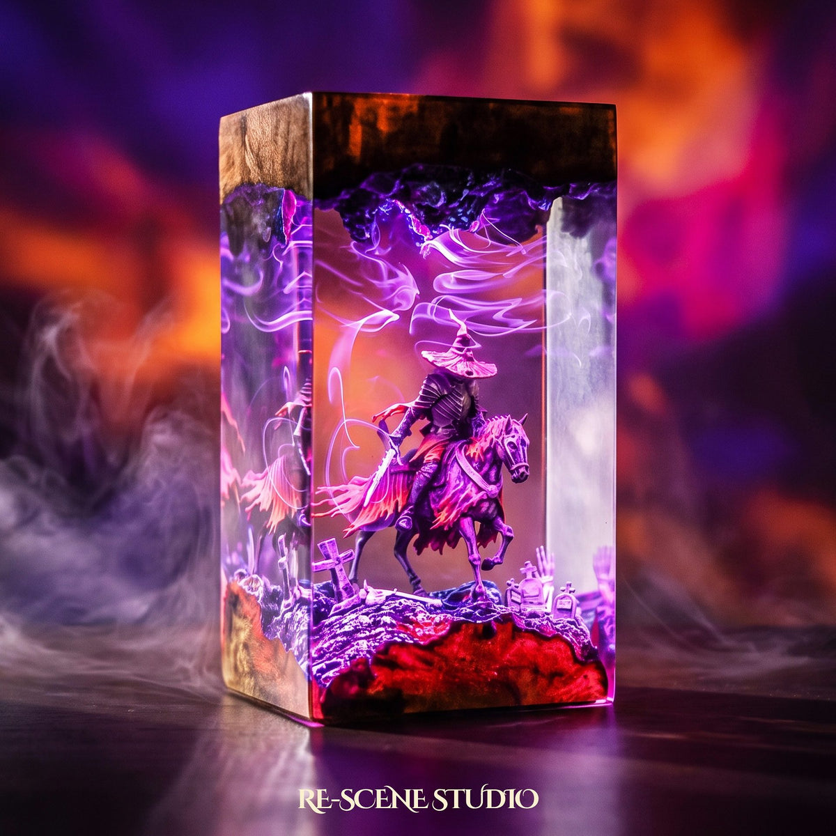 Witch Knight Rider Pillar Resin Lamp (Halloween), hand-poured epoxy resin night light glowing in 16 RGB colors